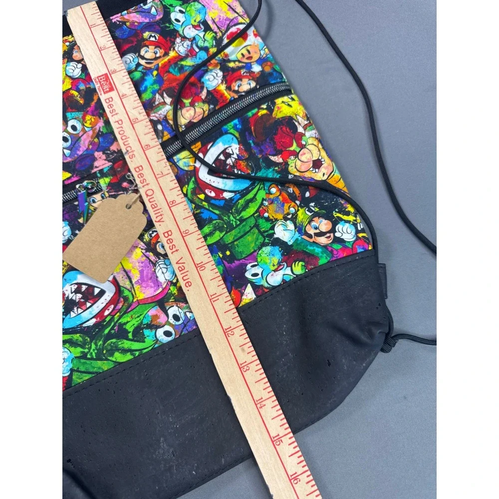 Handmade Super Mario Bros Graffiti Drawstring Backpack Black Cork Bottom 16x13